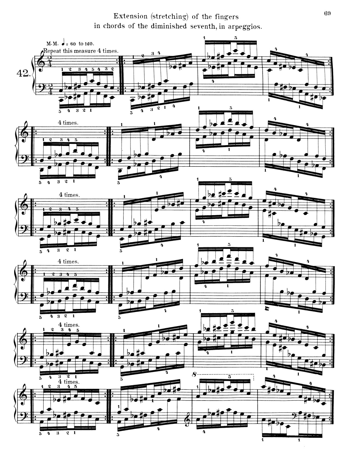 Exercise42 — Extension (stretching) of the fingers in chords of the diminished seventh, in arpeggios.