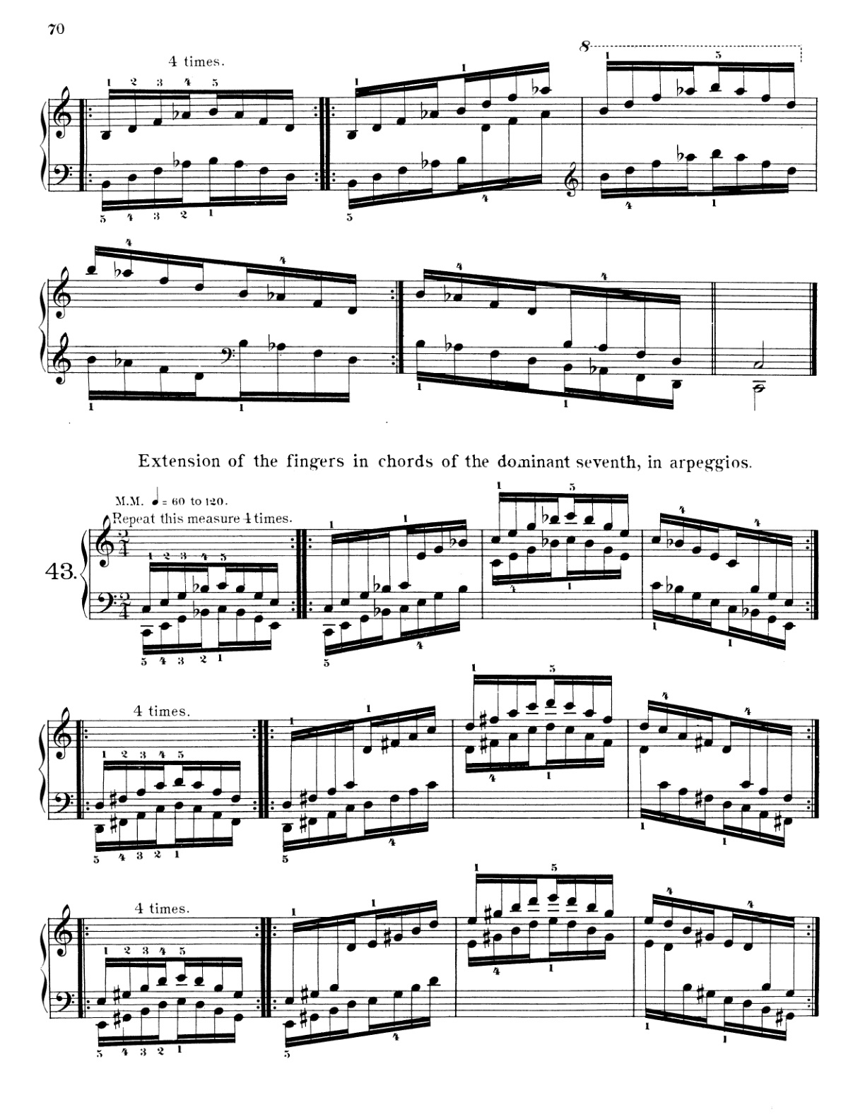 Exercise43 — Extension of the fingers in chords of the dominant seventh, in arpeggios.