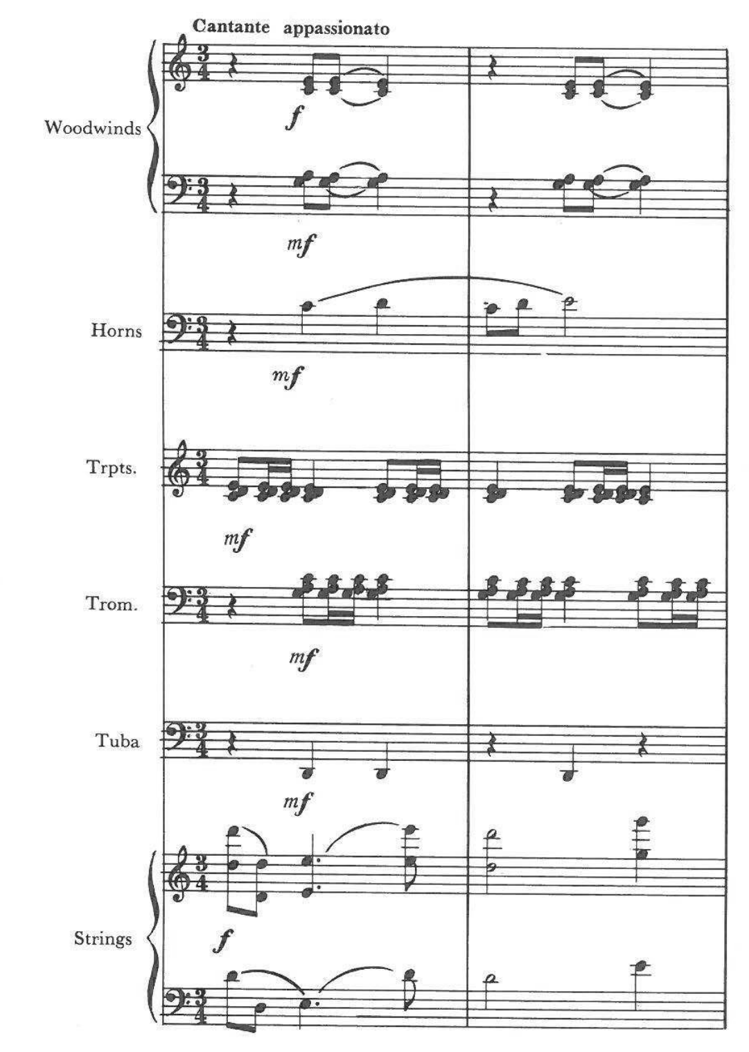 Cantante appassionato — Woodwinds f, mf; Horns mf; Trpts. mf; Trom. mf; Tuba mf; Strings f