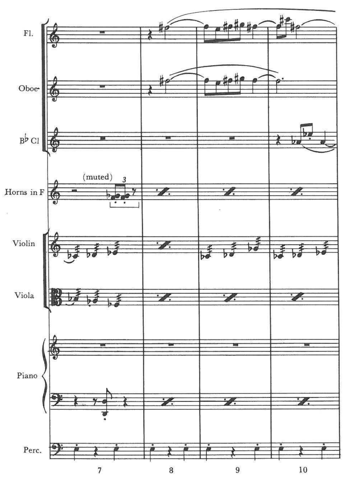 Appendix A, measures 7–10 — Fl., Oboe, B♭ Cl., Horns in F ((muted), triplet, then measure-repeat signs), Violin (tremolo), Viola (tremolo), Piano, Perc.