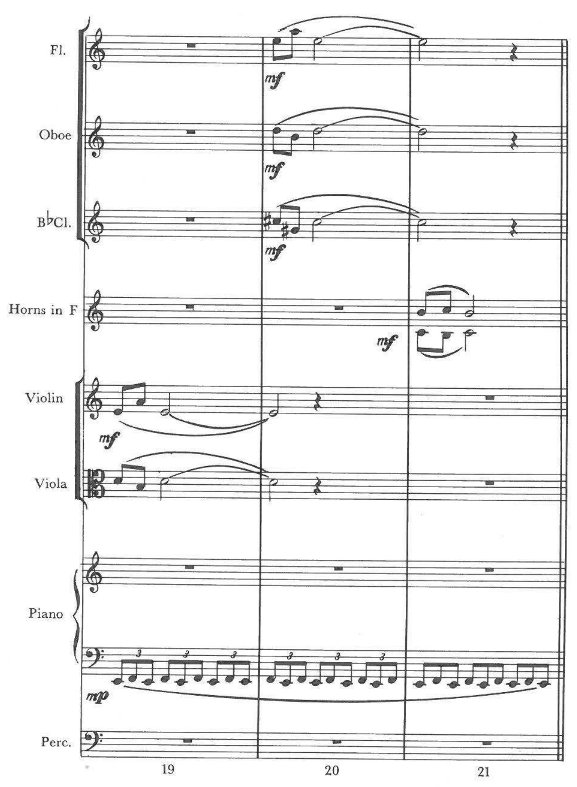 Appendix A, measures 19–21 — Fl. (mf), Oboe (mf), B♭ Cl. (mf), Horns in F (mf), Violin (mf), Viola, Piano (mp, triplets), Perc.
