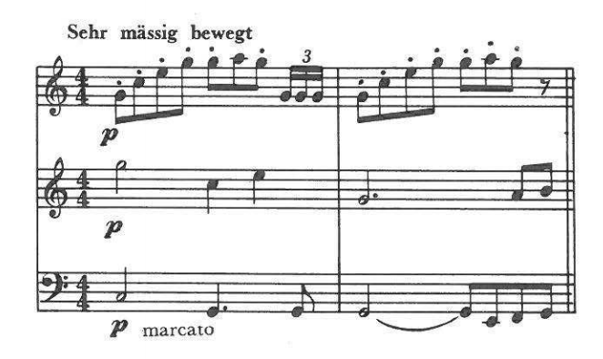 Sehr mässig bewegt — three staves, each p; lowest staff p marcato