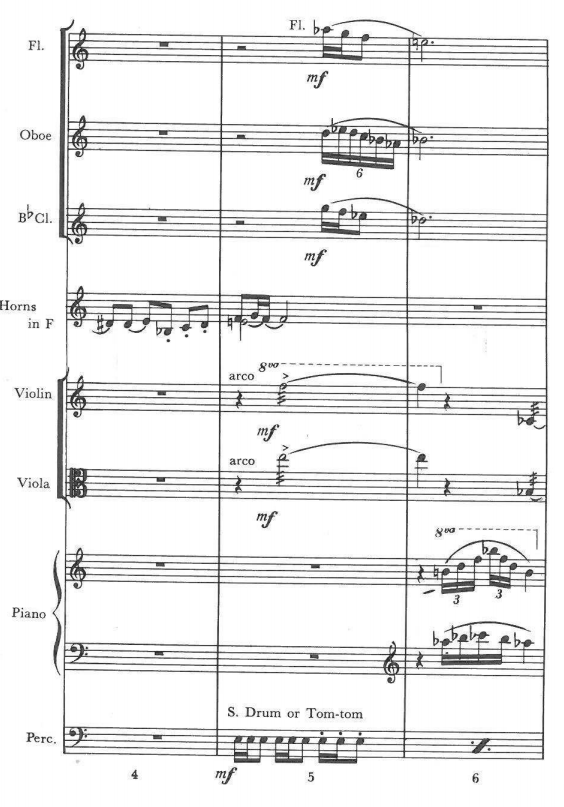 Appendix A, measures 4–6 — Fl. (Fl., mf), Oboe (mf, sextuplet), B♭ Cl. (mf), Horns in F, Violin (arco, 8va, mf), Viola (arco, mf), Piano (8va, triplets), Perc. 