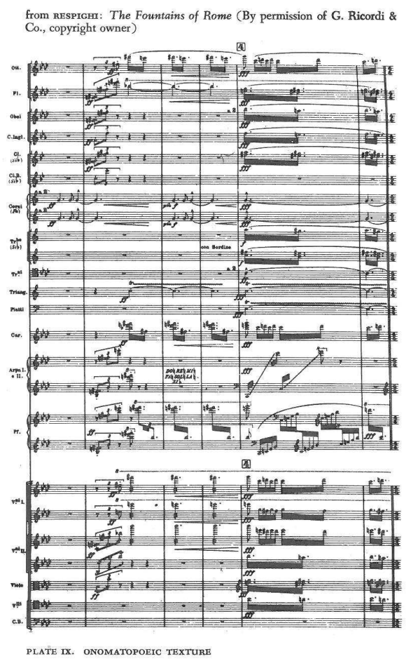PLATE IX. ONOMATOPOEIC TEXTURE — from RESPIGHI: The Fountains of Rome (By permission of G. Ricordi & Co., copyright owner)