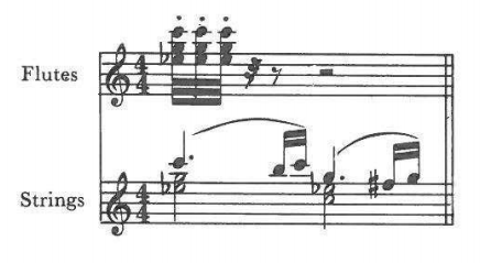 Flutes (staccato repeated chords); Strings (4/4) — punctuation of the string figure