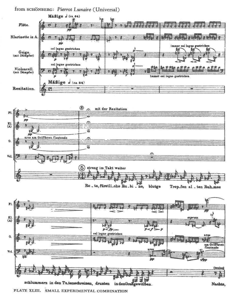from SCHÖNBERG: Pierrot Lunaire (Universal) — Mäßige ♩ (ca 84) — Flöte (pp), Klarinette in A. (pp), Geige (mit Dämpfer) (col legno gestrichen; immer col legno g
