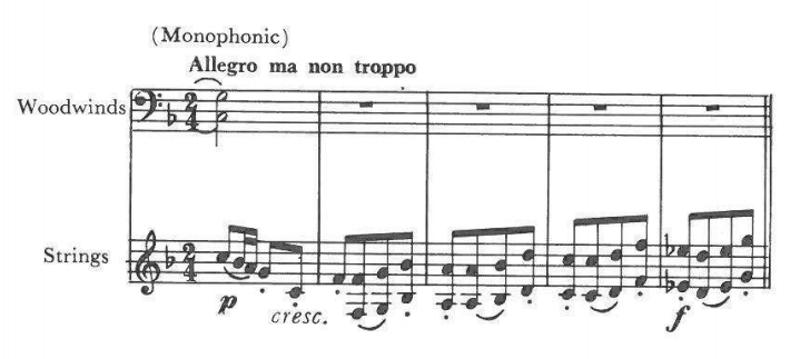 (Monophonic) — Allegro ma non troppo — Woodwinds; Strings (p, cresc., f) (2/4)