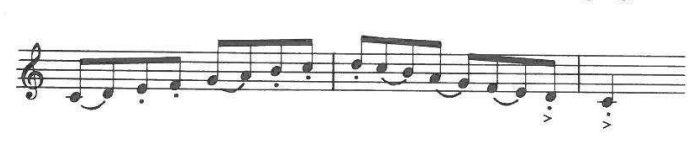 The same scale passage with mixed slurs, staccato dots and accents (>)