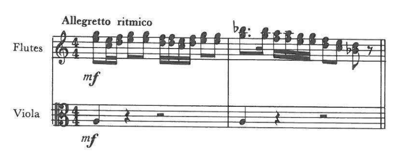 Allegretto ritmico — Flutes (mf); Viola (mf) (4/4) — the viola part a single quarter note per measure