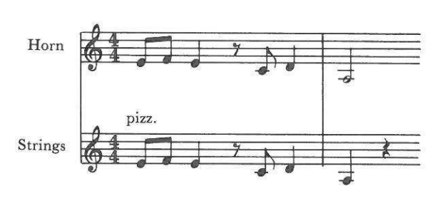 Horn; Strings (pizz.) — the same line doubled (4/4)