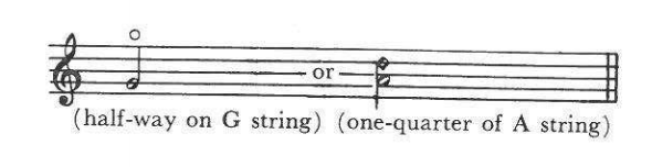 Example: harmonics, two notations joined by "or": (half-way on G string) (one-quarter of A string)