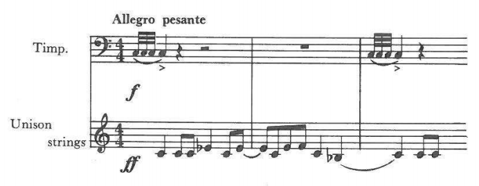 Allegro pesante — Timp. (f, accented roll figures); Unison strings (ff) (4/4)