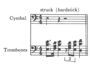 Cymbal, struck (hardstick); Trombones (4/4, triplet) — blown mixed with struck