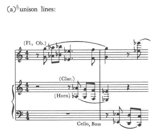 (a) unison lines: (Fl., Ob.); (Clar.), (Horn); Cello, Bass