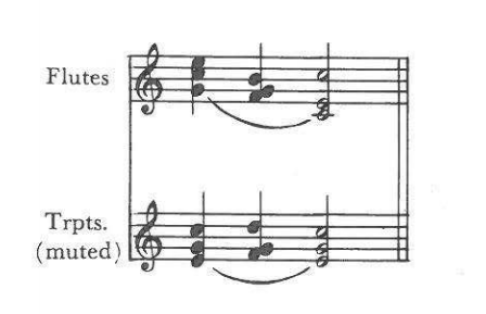 Flutes; Trpts. (muted) — the chords with slight differentiation of spacing between the choirs