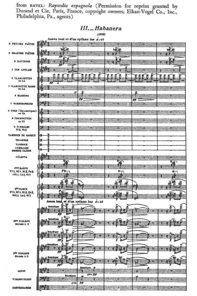 from RAVEL: Rapsodie espagnole (Permission for reprint granted by Durand et Cie, Paris, France, copyright owners; Elkan-Vogel Co., Inc., Philadelphia, Pa., agen