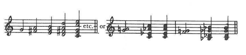 Example: a consistent choir spacing continued, "etc.", "or" a varied number of voices and spacing within a clear design