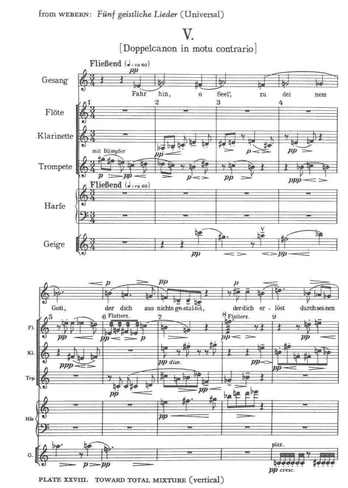 from WEBERN: Fünf geistliche Lieder (Universal) — V. [Doppelcanon in motu contrario] — Fließend (♩ = ca 60) — Gesang (pp; text “Fahr hin, o Seel’, zu deinem Got