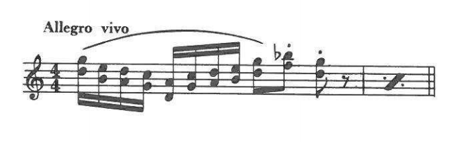 Allegro vivo — the principal rhythmic motive in elemental form (4/4), with a measure-repeat sign