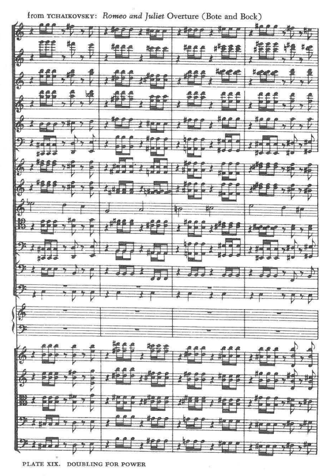 from TCHAIKOVSKY: Romeo and Juliet Overture (Bote and Bock) — full-score excerpt, four measures, without instrument labels — PLATE XIX. DOUBLING FOR POWER