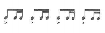 Drum-beat rhythm: four accented groups of an eighth and two sixteenths