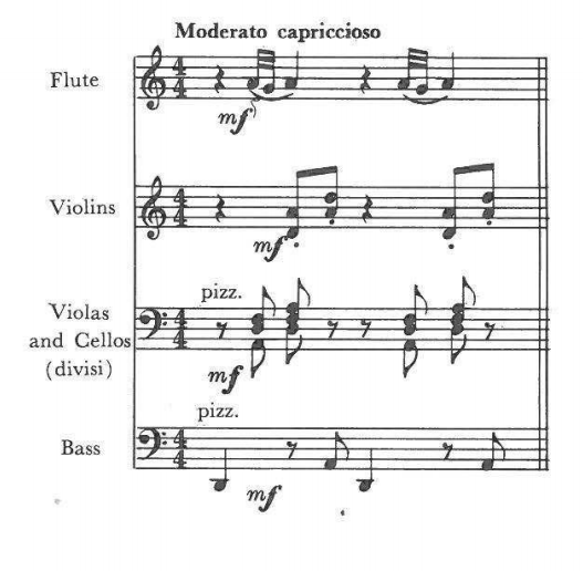 Moderato capriccioso — Flute mf; Violins mf; Violas and Cellos (divisi) pizz. mf; Bass pizz. mf
