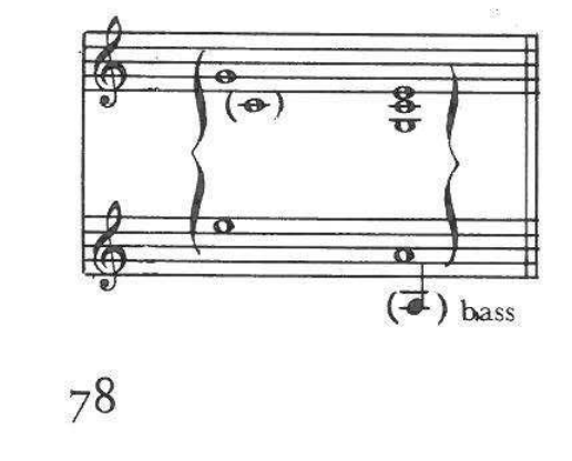 Example: the central register around middle C, bracketed on two staves, with a parenthesized low note labelled "bass"