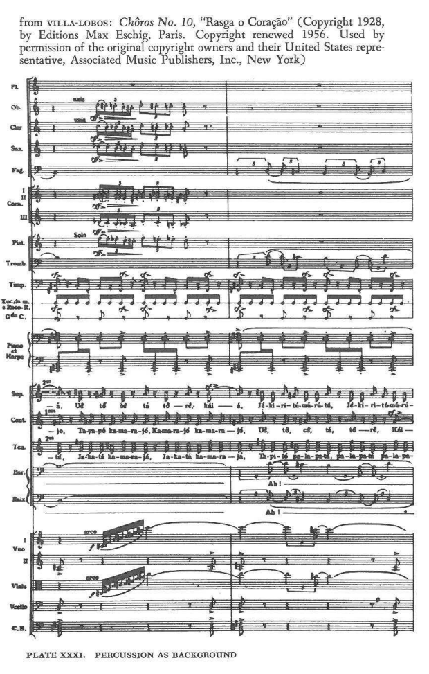 from VILLA-LOBOS: Chôros No. 10, “Rasga o Coração” (Copyright 1928, by Editions Max Eschig, Paris. Copyright renewed 1956. Used by permission of the original co