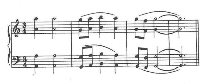 Example: "grand unison" — all instruments doubling in octaves (two-staff reduction, 3/4)
