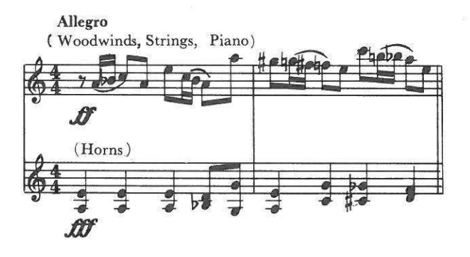 Allegro — (Woodwinds, Strings, Piano) ff; (Horns) fff