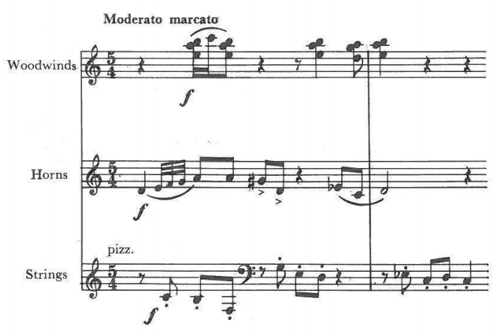 Moderato marcato — Woodwinds f; Horns f; Strings pizz. f