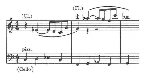 Example: (Cl.) then (Fl.) alternating above a pizz. (Cello) line