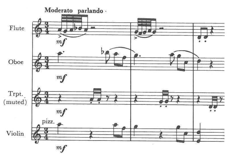 Moderato parlando — Flute (mf); Oboe (mf); Trpt. (muted) (mf); Violin (pizz., mf) (3/4) — simultaneous variants of one melody
