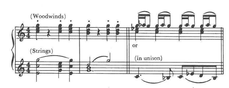 Example: (Woodwinds) over (Strings); "or" (in unison)
