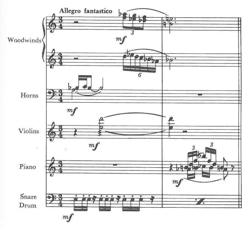 Allegro fantastico — Woodwinds (two staves, mf; triplet and sextuplet); Horns (mf); Violins (mf); Piano (mf, triplets); Snare Drum (mf, with a measure-repeat si