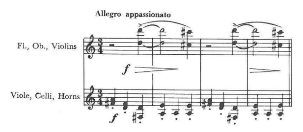 Allegro appassionato — Fl., Ob., Violins (f, legato); Viole, Celli, Horns (f, staccato) (3/4)