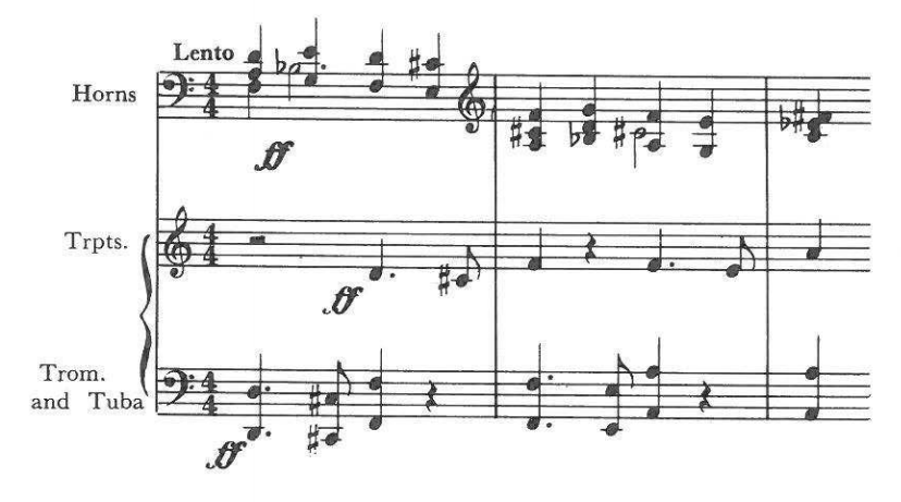 Lento — Horns ff; Trpts. ff; Trom. and Tuba ff
