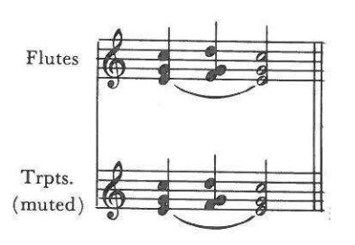 Flutes; Trpts. (muted) — the same three-note chords exactly doubled