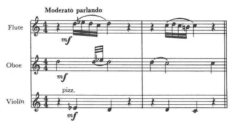 Moderato parlando — Flute mf; Oboe mf; Violin pizz. mf