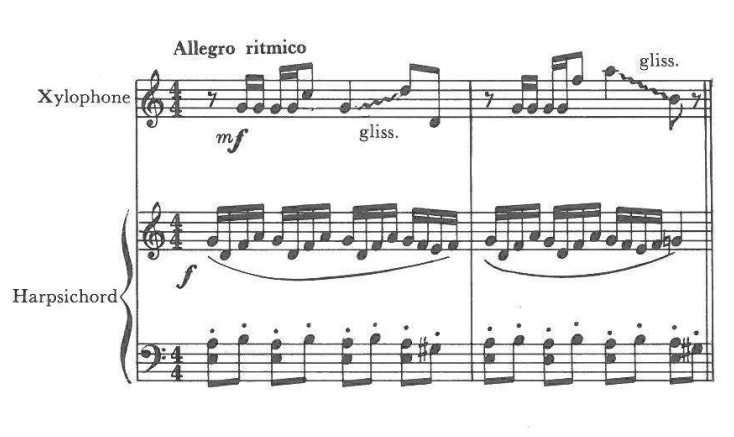 Allegro ritmico — Xylophone mf, gliss.; Harpsichord f