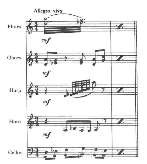 Allegro vivo — Flutes mf; Oboes mf; Harp mf; Horn mf; Cellos