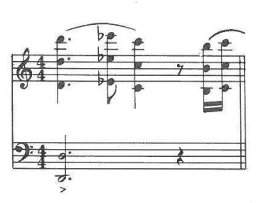 Treble and bass staves (4/4): the doubled unison line above, with a sustained low tonic (accented >) added in the bass