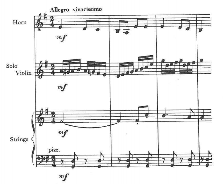 Allegro vivacissimo — Horn mf; Solo Violin mf; Strings mf, lower staff pizz.