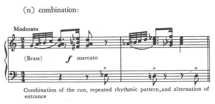 (n) combination: Moderato, (Brass), f marcato — Combination of the run, repeated rhythmic pattern, and alternation of entrance