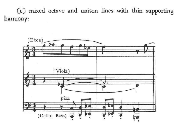 (c) mixed octave and unison lines with thin supporting harmony: (Oboe); (Viola); pizz. (Cello, Bass)
