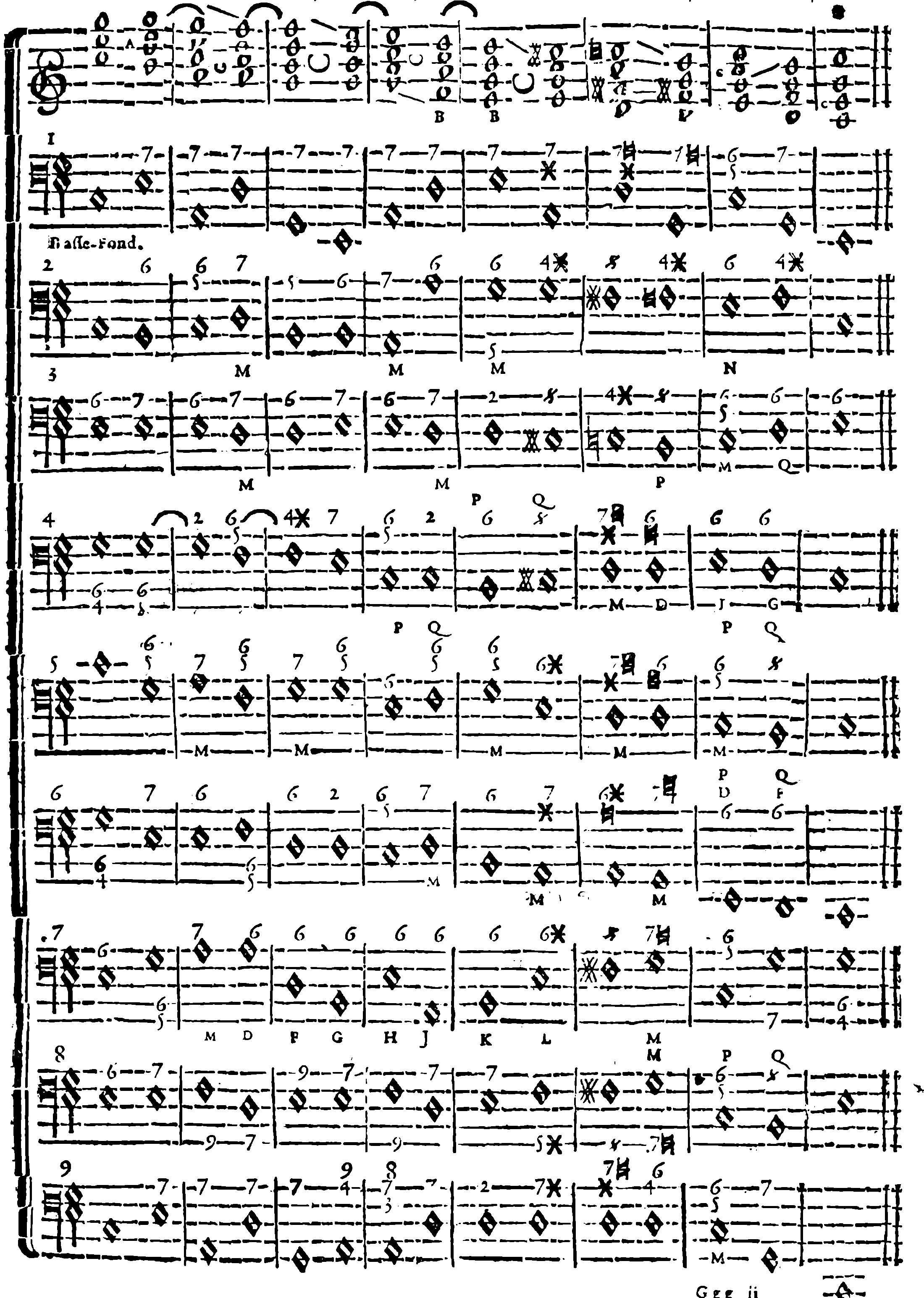 Recapitulation: one upper part and nine alternative basses, labelled A–R.