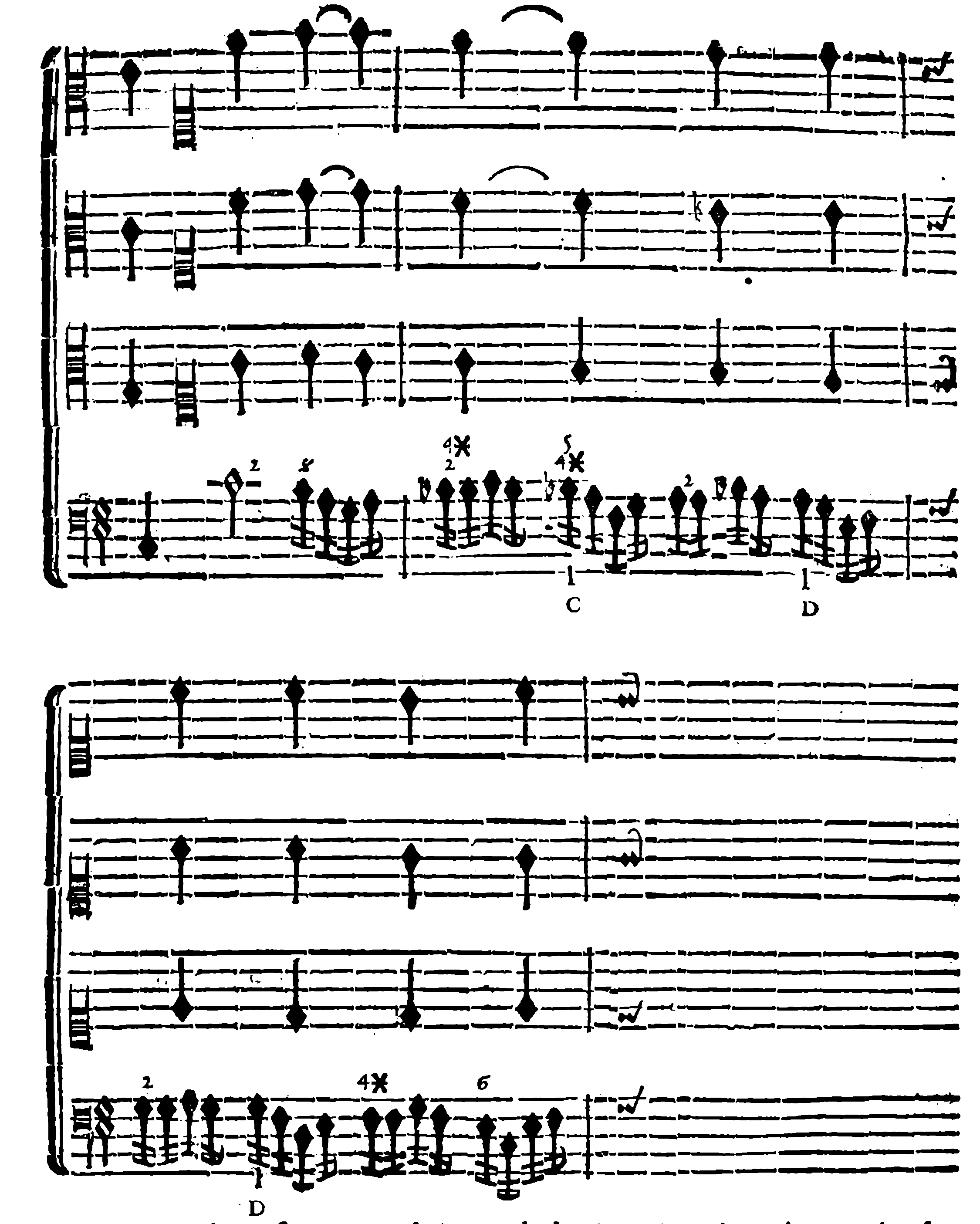 Figurated bass and three upper parts — continuation in two systems.