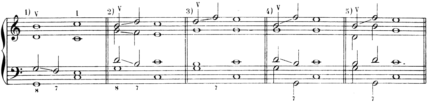 Five V–V7–I progressions in C major: 1) passing seventh in the tenor; 2)–5) the seventh F reached by a leap in an upper voice, the other voices holding or chang