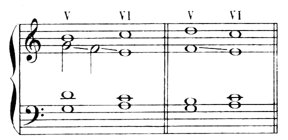 V7–VI in C major, the third (C) of the VI chord doubled: with a passing seventh in the alto, and with the seventh already present