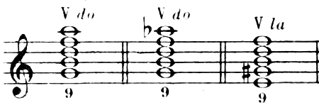 The ninth chord on the fifth degree: in C major with major ninth (G–B–D–F–A), in harmonic C major with minor ninth (A♭), and in A minor (E–G♯–B–D–F); each figur
